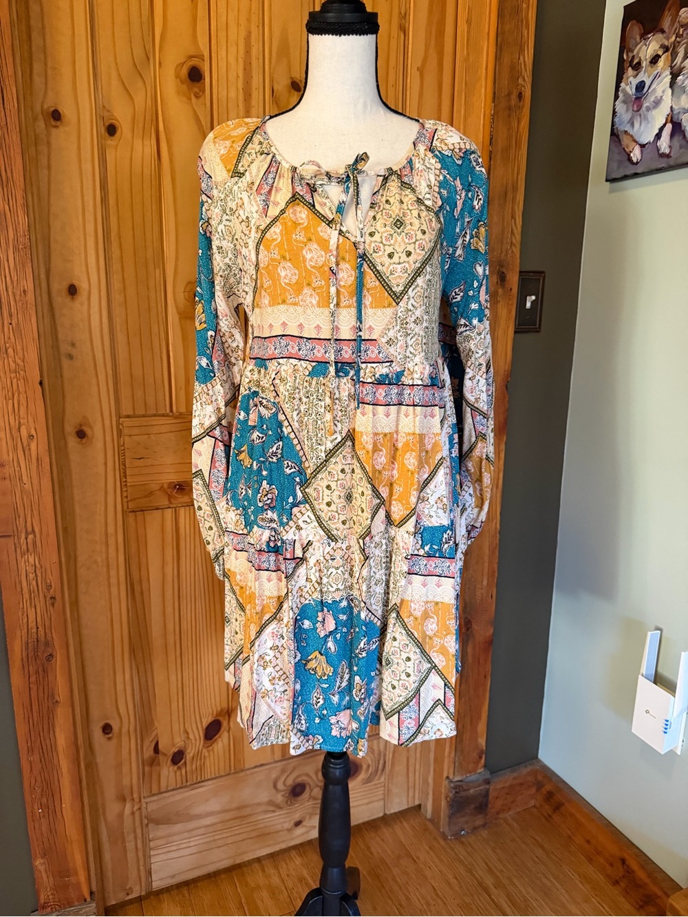 Boho Patchwork Print Long Sleeve Shift Dress in Teal & Mustard